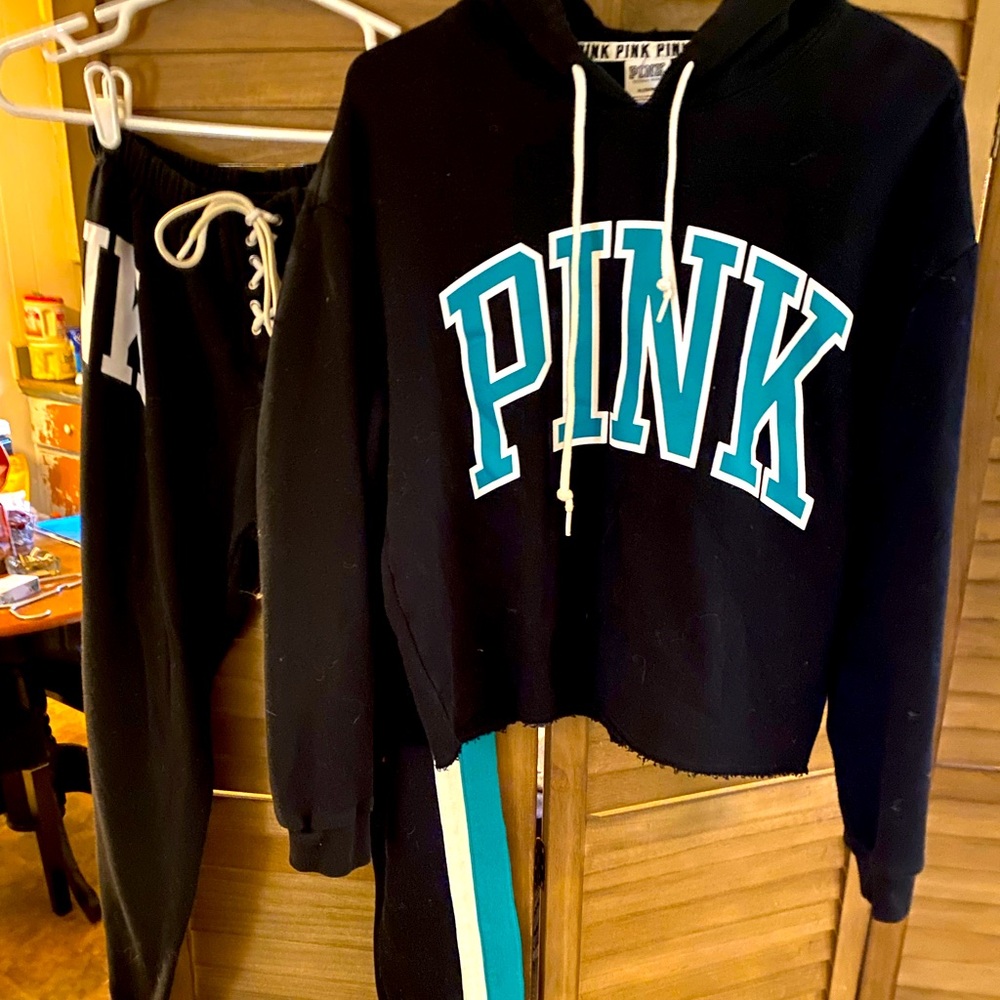 PINK Victoria Secret Black Hoodie and Sweatpants Set with Teal logo